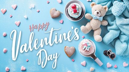 Happy Valentine's Day Handwritten Calligraphy text Over Valentine's day desserts and decors set isolated on a light blue background