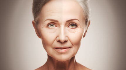 A close-up portrait of a woman before and after cosmetic procedures of biorevitalization, mesotherapy, peeling, non-surgical skin tightening, highlighted on a white background.