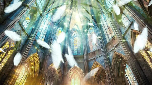 光が射しこみ羽が舞い散る水色のステンドグラスが輝く大聖堂の背景　ループ動画