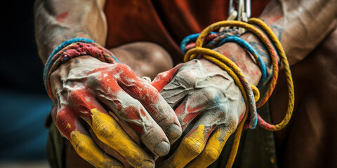 A close-up of a climber chalking up their hands before a climb, with ropes and climbing gear in the background created with Generative Ai