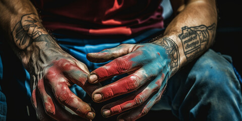 A close-up of a climber chalking up their hands before a climb, with ropes and climbing gear in the background created with Generative Ai