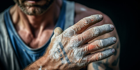 A close-up of a climber chalking up their hands before a climb, with ropes and climbing gear in the background created with Generative Ai
