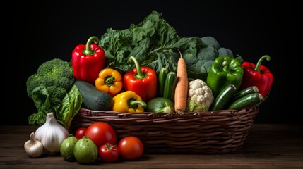 Vegetables in wicker basket, counter in store: broccoli, avocado, tomatoes, onions, parsley, greens, carrots, peppers, garlic. Close shot. Horizontal banking for web. Photo AI Generated