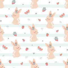 Seamless pattern with childish bunny flowers blue stripes. Cute vector illustration in pastel colors with floral elements, for design, fabric and textiles.