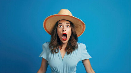 Young beautiful shocked woman wearing hat standing over blue isolated background amazed and surprised looking at camera advertising shopping sale discounts