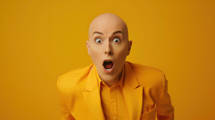 Amazed shocked young bald woman wearing yellow suit looking at camera, open mouth, wow, wow, astonished, impressed