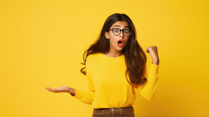 Young cute beautiful teen girl wearing glasses and yellow sweater over background feeling confused, shocked or surprised presenting with hand. - obrazy, fototapety, plakaty
