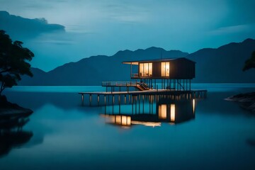 A solitary overwater sanctuary, its stilts delicately mirrored in the calm, reflective ocean, embodying the peaceful allure of twilight in its serene ambiance.
