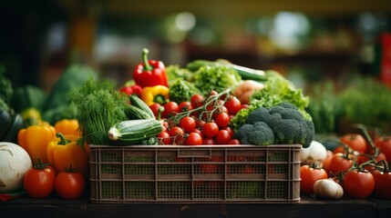 Vegetables, wicker basket on the counter: broccoli, avocado, tomatoes, onions, parsley, greens, carrots, peppers, garlic. Close-up background. Horizontal banking for web. Photo AI Generated