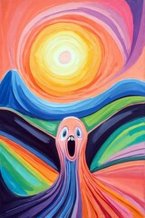 Pastel surreal illustration of a psychedelic abstract screaming face without eyes on a colorful wavy background. Generative Ai illustration - obrazy, fototapety, plakaty