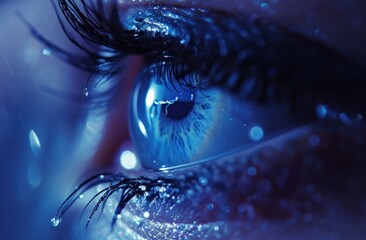 a close up of an eye with tears drop, anamorphic lens