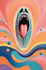 Pastel surreal illustration of a psychedelic abstract screaming face without eyes on a colorful wavy background. Generative Ai illustration - obrazy, fototapety, plakaty