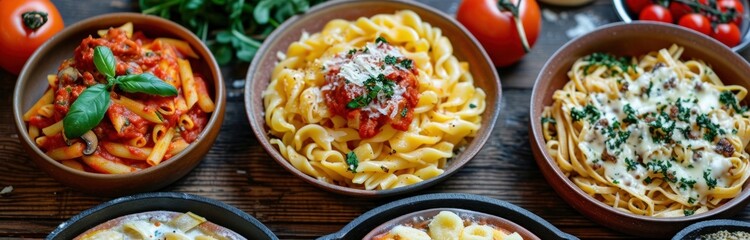 a group of dishes with pasta on it