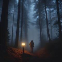 Creepy person, misty forest at night