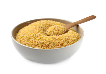 Bowl and spoon with raw bulgur isolated on white