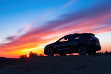 silhouette of a car parked in front of a hillside at sunset - Powered by Adobe