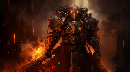 Obraz premium Warrior with dark military dress in cyberpunk style, halloween motive