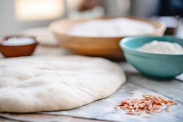 pita dough rolled out beside a bowl of flour