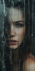 Junge traurige Frau am Fenster mit Regen auf dem Glas und ist einsames und deprimiert, ai generativ