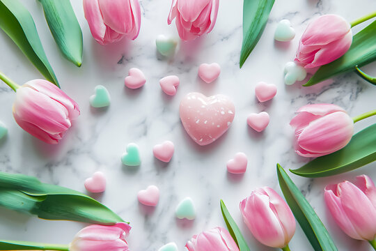 Image of festive flowers tulips and hearts on the table as a symbol of the holiday