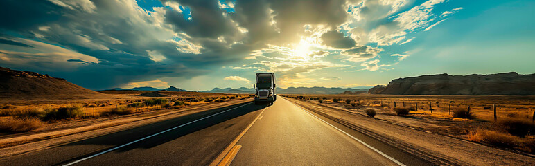 Truck on highway under expansive sky, symbolizing logistics and delivery. Shallow field of view.
