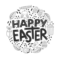 Happy easter quote with cute simple elements in a lineart style, black and white colors.