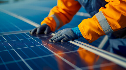 Engineer installing solar panels at sunset, renewable energy concept. Shallow field of view.	