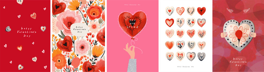 Happy Valentine's Day. Vector illustration of watercolor hearts on a white background, hands holding a heart shaped balloon, floral background, love and lovers pattern for greeting card
