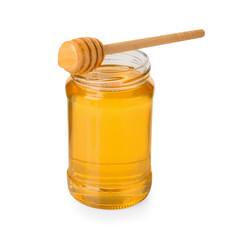 Tasty honey in glass jar and dipper isolated on white