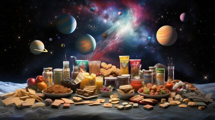 astronaut space food background illustration nasa exploration, technology nutrition, dried vacuum astronaut space food background - obrazy, fototapety, plakaty