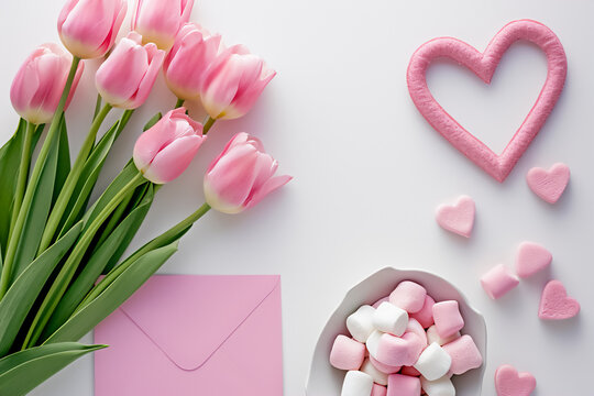 Image of tulip flowers, hearts and an envelope as a symbol of congratulations and holiday