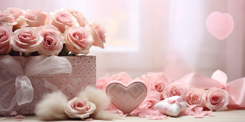 Fototapeta na wymiar A dreamy and soft-focused image of a bouquet of delicate pink roses next to a collection of handcrafted hearts made of various materials like paper created with Generative Ai