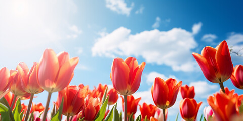 Beautiful red spring tulip flowers with blue sky in background - Powered by Adobe