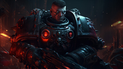 Warrior with dark military dress in cyberpunk style, halloween motive