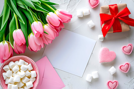 Image of tulip flowers, hearts and an envelope as a symbol of congratulations and holiday