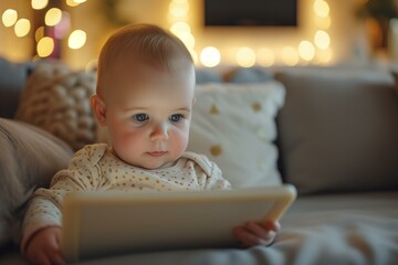 one year old baby candid portrait holding a tablet playing computer game,
