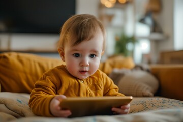 one year old baby candid portrait holding a tablet playing computer game,