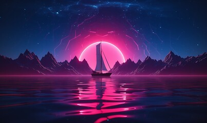 Synthwave,shot from the water,a chinese sail drifts over hills, sparkling water is crystal...