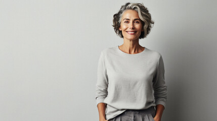 Middle age beautiful business woman wearing casual winter sweater and glasses over white background with a happy smile on face and smiling with lucky person. teeth teeth - obrazy, fototapety, plakaty