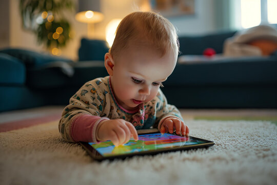 one year old baby candid portrait holding a tablet playing computer game, - Powered by Adobe