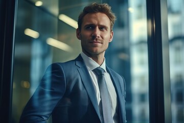 CEO leader in a modern office building, standing next to a window,, cinematic shot