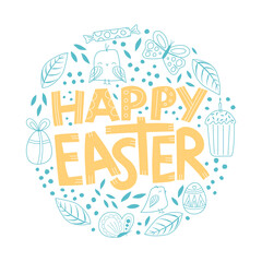 Happy easter quote with cute simple elements in a lineart style, gentle yellow and blue colors.