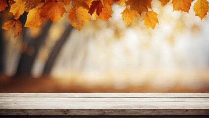 Naklejka na ściany i meble Background with an empty wooden table and a frame of autumn foliage. Autumn forest wallpaper with an empty space. Natural bokeh. Rays of light. Daylight. 