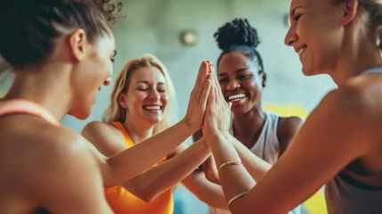 Fotobehang Group of diverse fitness friends putting their hands together in a huddle before a yoga session. People supporting each other in a community wellness centre. © Oulaphone