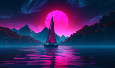Synthwave,shot from the water,a chinese sail drifts over hills, sparkling water is crystal clear，minimalism，hyperrealistic,fluorescence, Dopamine color neon, 4k. Generative Ai

