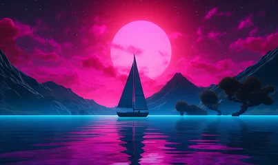 Deurstickers Synthwave,shot from the water,a chinese sail drifts over hills, sparkling water is crystal clear，minimalism，hyperrealistic,fluorescence, Dopamine color neon, 4k. Generative Ai   © Handz