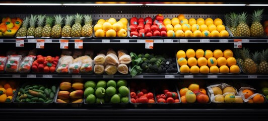 Fresh fruits in containers on supermarket shelves: apples, raspberries, blackberries, pineapple, orange. Photo mockup from the front. Horizontal banking for web. Photo AI Generated