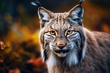 Face of wild Lynx wildcat in autumn forest