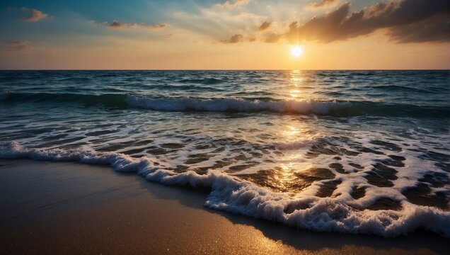 The background of the summer sea or ocean. Blue waves. Foaming water. Sunset, bright sun and rays of light. Beautiful natural summer beach background or desktop wallpaper.
