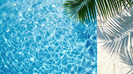 Fototapeta na wymiar Top view of swimming pool. Water and palm shadow on travertine stone background.